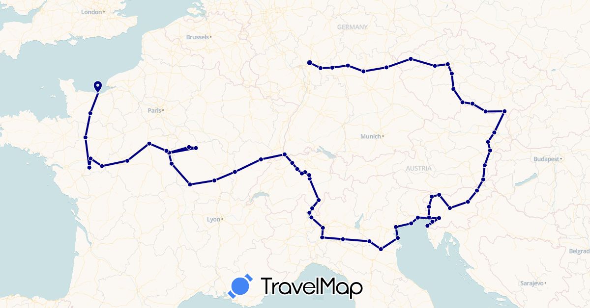 TravelMap itinerary: driving in Austria, Switzerland, Czech Republic, Germany, France, Italy, Slovenia (Europe)